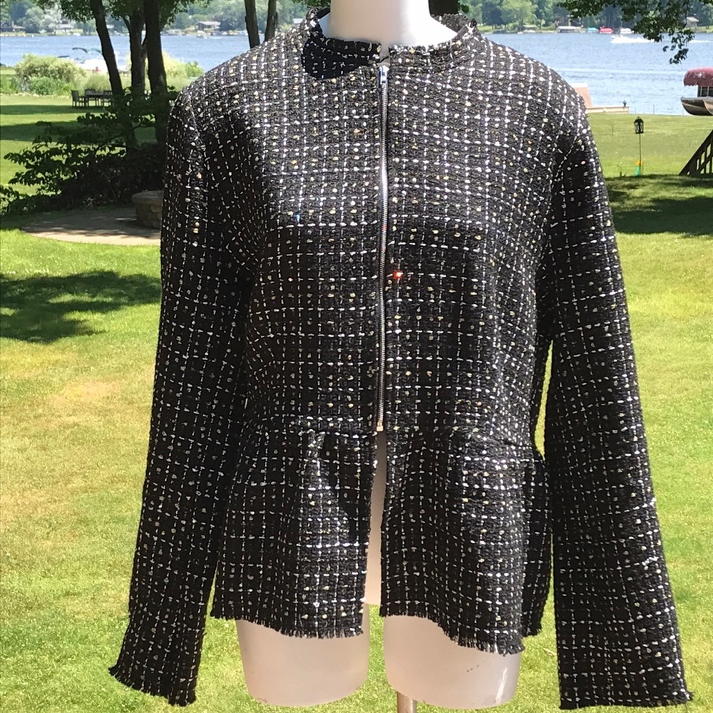 Boho woven fringed peplum zip jacket 3XL